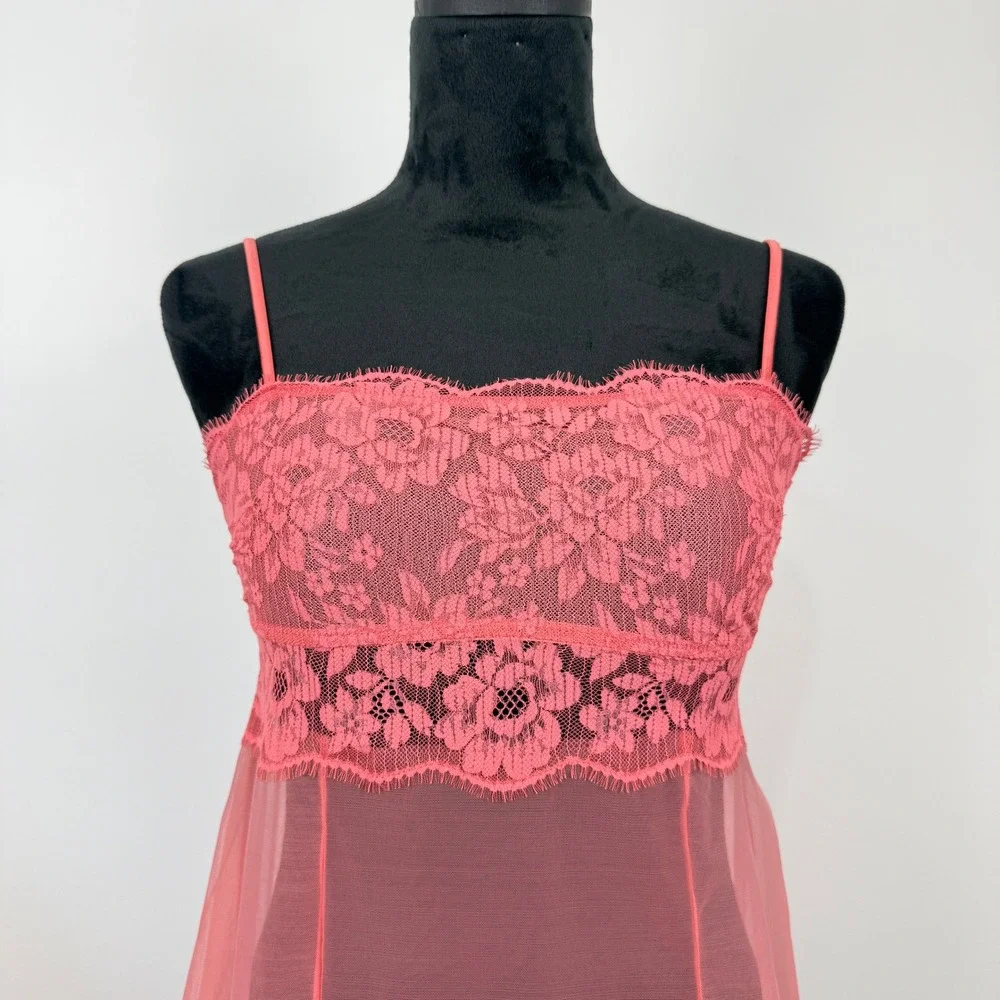 Sheer Babydoll Chemise Lingerie Womens XS/S Pink Floral Lace Coquette Romantic